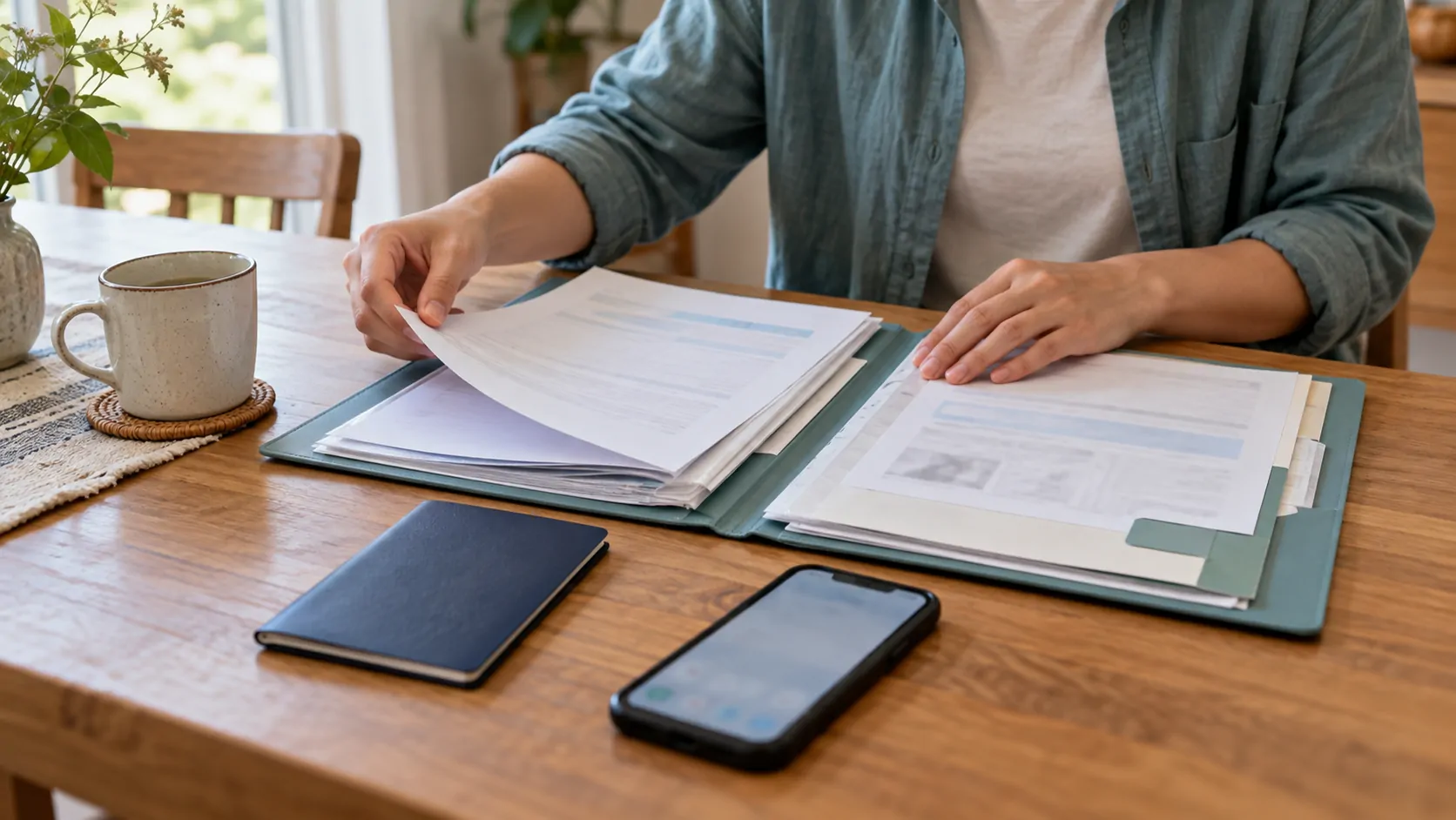 شخص يرتب أوراقاً طبية في ملف على طاولة منزلية وبجانبه هاتف وكتيب وثائق